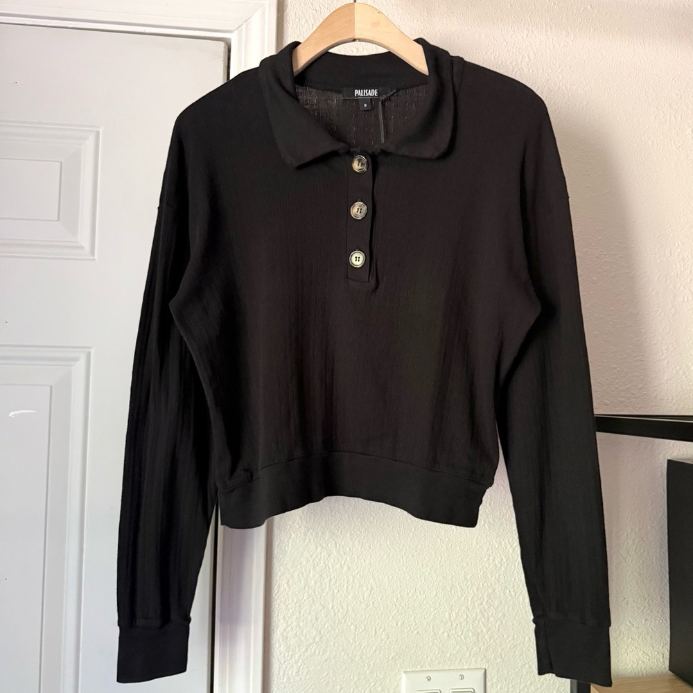 NWT PALISADE black cotton rib ribbed polo boxy sweater‎ top
